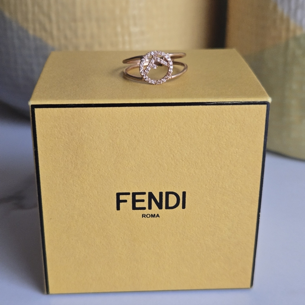 Fendi Rose Gold Crystal Open Circle Ring Size L US 8-8.5